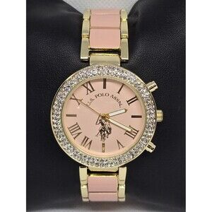 Women's U.S. Polo Assn Trendy Pink Nude Gold Tone Case Bracelet Band Watch 11